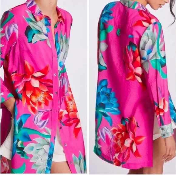 Anthropologie Maeve Tunic Buttondown Dress in Pink Combo